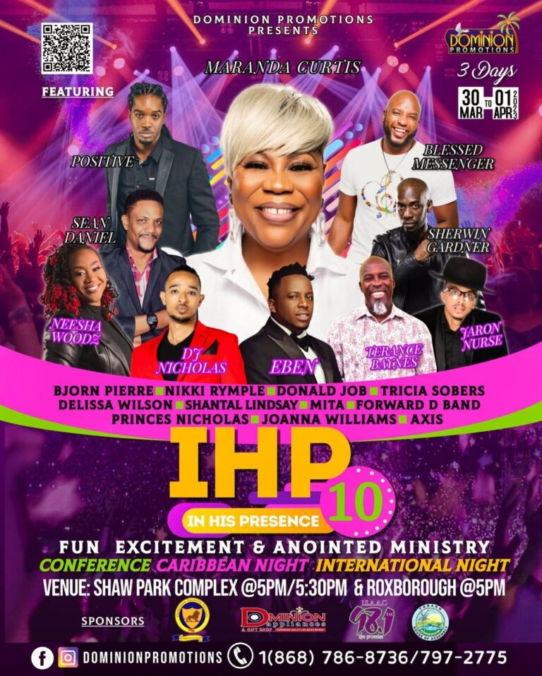 In His Presence 10 official flyer, 30 March to 1 April 2023, three days at Shaw Park Complex and Roxborough, featuring Maranda Curtis