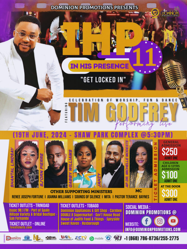Official poster for In His Presence 11 at Shaw Park Complex, Tobago, 19 June 2024, featuring Tim Godfrey