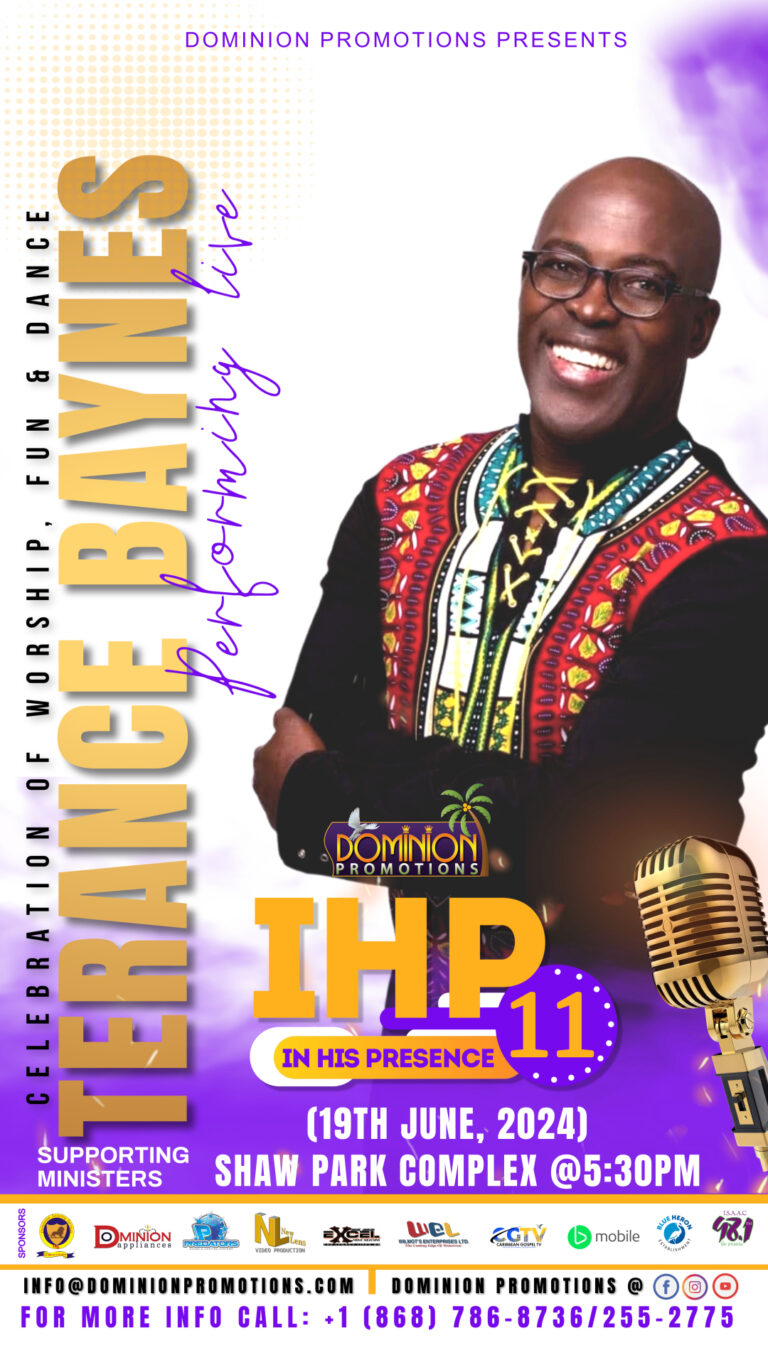 Pastor Terance Baynes announcement graphic for In His Presence 11 at Shaw Park Complex, Tobago, 19 June 2024